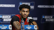 Mar 20, 2025; Cleveland, OH, USA; New Mexico Lobos guard Donovan Dent (2) speak with the media during NCAA Tournament First Round Practice at Rocket Arena. Mandatory Credit: Rick Osentoski-Imagn Images