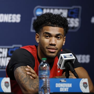 Mar 20, 2025; Cleveland, OH, USA; New Mexico Lobos guard Donovan Dent (2) speak with the media during NCAA Tournament First Round Practice at Rocket Arena. Mandatory Credit: Rick Osentoski-Imagn Images