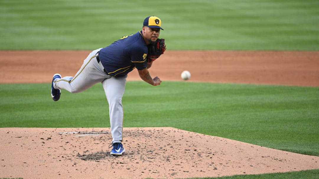 Aug 2, 2024; Washington, District of Columbia, USA; Milwaukee Brewers starting pitcher Frankie Montas (47) throws a pitch against the Washington Nationals during the second inning at Nationals Park. Mandatory Credit: Rafael Suanes-USA TODAY Sports