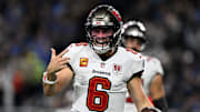 Oct 20, 2025; Detroit, Michigan, USA; Tampa Bay Buccaneers quarterback Baker Mayfield (6) reacts against the Detroit Lions during the first half at Ford Field. Mandatory Credit: Lon Horwedel-Imagn Images