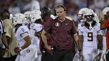 Sep 28, 2024; Dallas, Texas, USA; Florida State Seminoles head coach Mike Norvell during the game between the Southern Methodist Mustangs and the Florida State Seminoles at Gerald J. Ford Stadium. Mandatory Credit: Jerome Miron-Imagn Images
