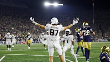 Sep 13, 2025; South Bend, Indiana, USA; Texas A&M Aggies tight end Nate Boerkircher (87) celebrates after their win against the Notre Dame Fighting Irish at Notre Dame Stadium. Mandatory Credit: Michael Caterina-Imagn Images