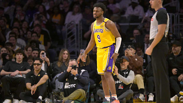  Los Angeles Lakers guard Bronny James (9) on the court during the second half against the Denver Nuggets at Crypto.com Arena