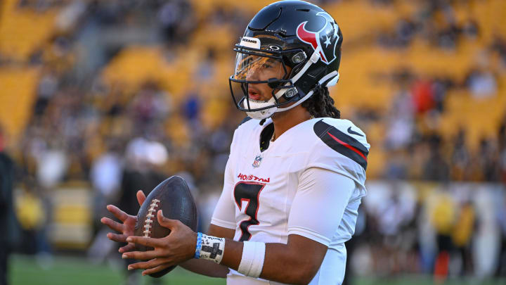 Aug 9, 2024; Pittsburgh, Pennsylvania, USA; Houston Texans quarterback C.J. Stroud (7) warms up against the Pittsburgh Steelers at Acrisure Stadium.