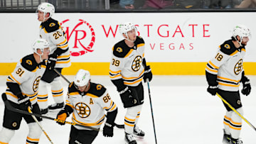 Mar 20, 2025; Las Vegas, Nevada, USA; Boston Bruins center Morgan Geekie (39) reacts after scoring a goal against the Vegas Golden Knights during the third period at T-Mobile Arena. Mandatory Credit: Stephen R. Sylvanie-Imagn Images