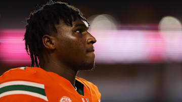 Sep 27, 2024; Miami Gardens, Florida, USA; Miami Hurricanes quarterback Cam Ward (1) looks on from the field before the game against the Virginia Tech Hokies at Hard Rock Stadium. Mandatory Credit: Sam Navarro-Imagn Images