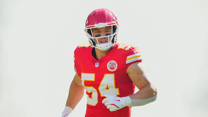 Sep 28, 2025; Kansas City, Missouri, USA; Kansas City Chiefs linebacker Leo Chenal (54) takes the field prior to a game against the Baltimore Ravens at GEHA Field at Arrowhead Stadium. Mandatory Credit: Jay Biggerstaff-Imagn Images
