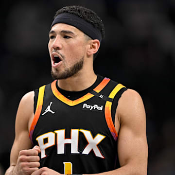 Mar 9, 2025; Dallas, Texas, USA; Phoenix Suns guard Devin Booker (1) during the game between the Dallas Mavericks and the Phoenix Suns at American Airlines Center. Mandatory Credit: Jerome Miron-Imagn Images