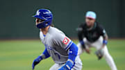 Jul 4, 2025; Phoenix, Arizona, USA; Kansas City Royals shortstop Bobby Witt Jr. (7) leads off first against the Arizona Diamondbacks during the first inning at Chase Field. Mandatory Credit: Joe Camporeale-Imagn Images