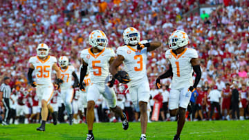 Sep 21, 2024; Norman, Oklahoma, USA;  Tennessee Volunteers defensive back Jermod McCoy (3) celebrates with teammates after making an interception during the first quarter against the Oklahoma Sooners at Gaylord Family-Oklahoma Memorial Stadium. Mandatory Credit: Kevin Jairaj-Imagn Images