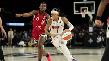 Jun 26, 2025; Las Vegas, Nevada, USA; Washington Mystics guard Sug Sutton (1) drives the ball past Las Vegas Aces guard Jackie Young (0) during the second half of a WNBA basketball game at Michelob Ultra Arena. 