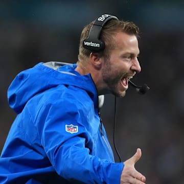 Oct 19, 2025; London, United Kingdom; Los Angeles Rams head coach Sean McVay celebrates after a touchdown in the second half against the Jacksonville Jaguars during a NFL International Series game at Wembley Stadium. Mandatory Credit: Kirby Lee-Imagn Images