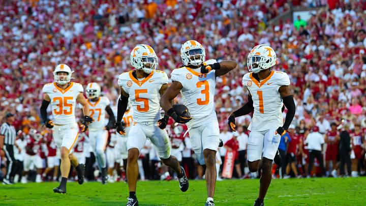 Sep 21, 2024; Norman, Oklahoma, USA;  Tennessee Volunteers defensive back Jermod McCoy (3) celebrates with teammates after making an interception during the first quarter against the Oklahoma Sooners at Gaylord Family-Oklahoma Memorial Stadium. Mandatory Credit: Kevin Jairaj-Imagn Images