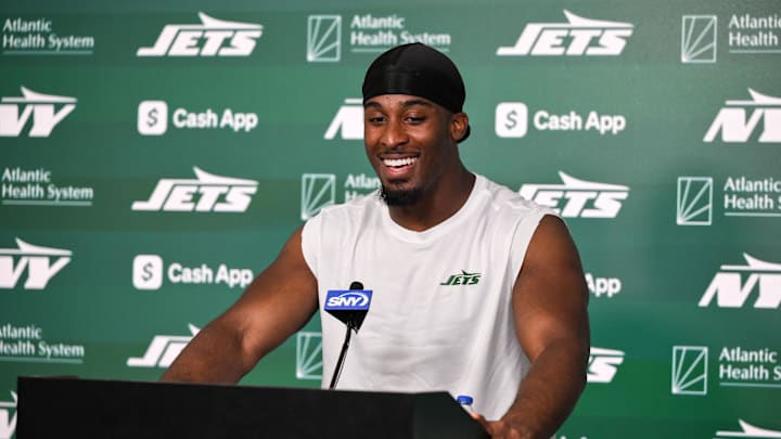 Jun 11, 2025; Florham Park, NY, USA; New York Jets running back Breece Hall (20) speaks at a press conference during minicamp at Atlantic Health Jets Training Center. Mandatory Credit: John Jones-Imagn Images Jun 11, 2025; Florham Park, NY, USA; New York Jets running back Breece Hall (20) speaks at a press conference during minicamp at Atlantic Health Jets Training Center. Mandatory Credit: John Jones-Imagn Images