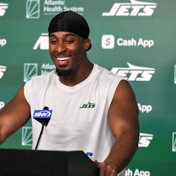 Jun 11, 2025; Florham Park, NY, USA; New York Jets running back Breece Hall (20) speaks at a press conference during minicamp at Atlantic Health Jets Training Center. Mandatory Credit: John Jones-Imagn Images