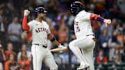 Apr 22, 2025; Houston, Texas, USA; Houston Astros third baseman Isaac Paredes (15) celebrates with shortstop Jeremy Pena (3) after hitting a home run during the seventh inning against the Toronto Blue Jays at Daikin Park. 