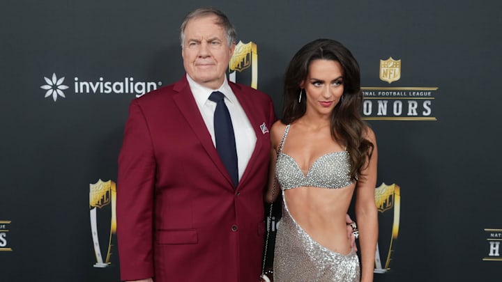 Bill Belichick and Jordon Hudson on the red carpet before Super Bowl LIX NFL Honors at Saenger Theatre. 