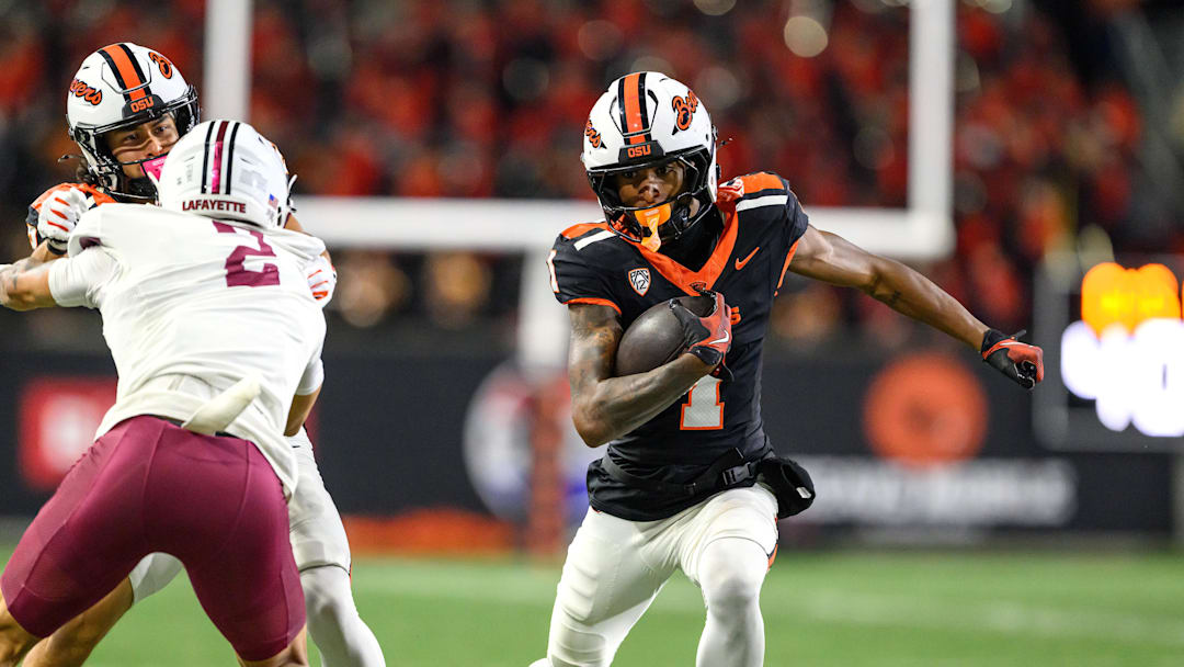 Oct 18, 2025; Corvallis, Oregon, USA; Oregon State Beavers wide receiver David Wells Jr. (1) runs the ball during the third quarter against the Lafayette Leopards at Reser Stadium. Mandatory Credit: Craig Strobeck-Imagn Images Oct 18, 2025; Corvallis, Oregon, USA; Oregon State Beavers wide receiver David Wells Jr. (1) runs the ball during the third quarter against the Lafayette Leopards at Reser Stadium. Mandatory Credit: Craig Strobeck-Imagn Images
