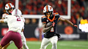 Oct 18, 2025; Corvallis, Oregon, USA; Oregon State Beavers wide receiver David Wells Jr. (1) runs the ball during the third quarter against the Lafayette Leopards at Reser Stadium. Mandatory Credit: Craig Strobeck-Imagn Images