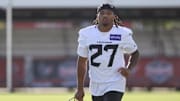 Jul 24, 2025; Houston, TX, USA; Houston Texans cornerback Myles Bryant (27) during training camp at Houston Methodist Training Center. Mandatory Credit: Troy Taormina-Imagn Images