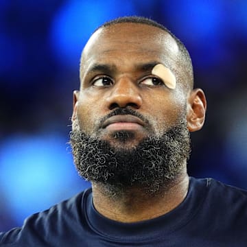 Aug 8, 2024; Paris, France; United States guard LeBron James (6) looks on before the game against Serbia in a men's basketball semifinal game during the Paris 2024 Olympic Summer Games at Accor Arena. Mandatory Credit: Rob Schumacher-Imagn Images