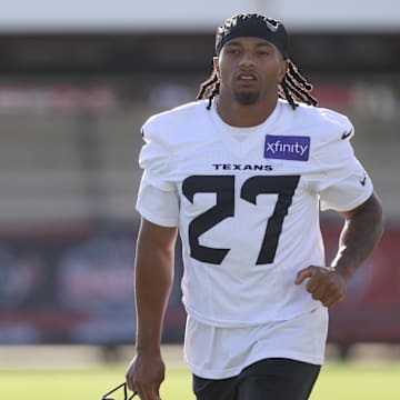 Jul 24, 2025; Houston, TX, USA; Houston Texans cornerback Myles Bryant (27) during training camp at Houston Methodist Training Center. Mandatory Credit: Troy Taormina-Imagn Images