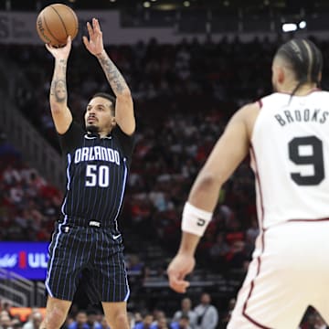 Orlando Magic guard Cole Anthony (50) shoots the ball during the fourth quarter against the Houston Rockets at Toyota Center.
