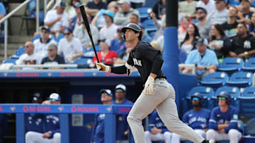 Feb 22, 2025; Dunedin, Florida, USA; New York Yankees center fielder Spencer Jones (78) hits a home run during the sixth inning against the Toronto Blue Jays  at TD Ballpark. Mandatory Credit: Kim Klement Neitzel-Imagn Images