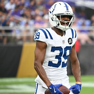 Aug 7, 2025; Baltimore, Maryland, USA; Indianapolis Colts cornerback Alex Johnson (39) reacts after intercepting a pass against the Baltimore Ravens during the first quarter at M&T Bank Stadium. Mandatory Credit: Rafael Suanes-Imagn Images