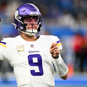 Nov 2, 2025; Detroit, Michigan, USA; Minnesota Vikings quarterback J.J. McCarthy (9) warms up before the game against the Detroit Lions at Ford Field.