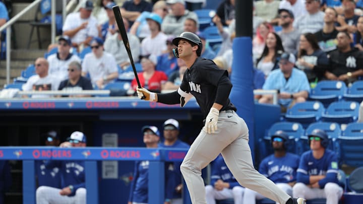 Feb 22, 2025; Dunedin, Florida, USA; New York Yankees center fielder Spencer Jones (78) hits a home run during the sixth inning against the Toronto Blue Jays  at TD Ballpark. Mandatory Credit: Kim Klement Neitzel-Imagn Images
