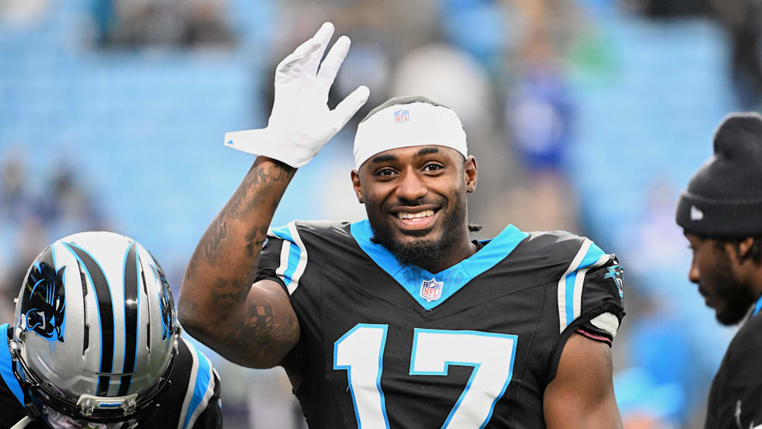Dec 28, 2025; Charlotte, North Carolina, USA; Carolina Panthers wide receiver Xavier Legette (17) warms up before the game against the Seattle Seahawks at Bank of America Stadium. Mandatory Credit: Bob Donnan-Imagn Images