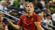 Mar 1, 2025; Eugene, Oregon, USA; USC Trojans head coach Eric Musselman reacts to the action in the second half against the Oregon Ducks at Matthew Knight Arena. 