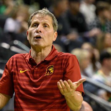 Mar 1, 2025; Eugene, Oregon, USA; USC Trojans head coach Eric Musselman reacts to the action in the second half against the Oregon Ducks at Matthew Knight Arena. 