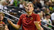 Mar 1, 2025; Eugene, Oregon, USA; USC Trojans head coach Eric Musselman reacts to the action in the second half against the Oregon Ducks at Matthew Knight Arena. Mandatory Credit: Craig Strobeck-Imagn Images