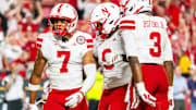 Nebraska Cornhuskers defensive back Malcolm Hartzog Jr. celebrates with linebacker Vincent Shavers Jr. and defensive back Marques Buford Jr.