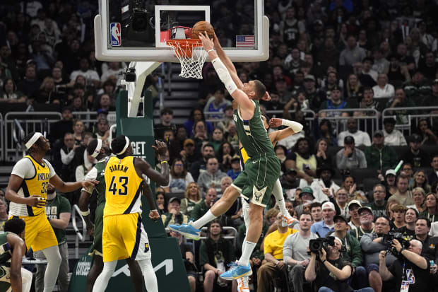 Apr 30, 2024; Milwaukee, Wisconsin, USA;  Milwaukee Bucks center Brook Lopez (11) dunks during Game 5 against the Indiana Pacers.