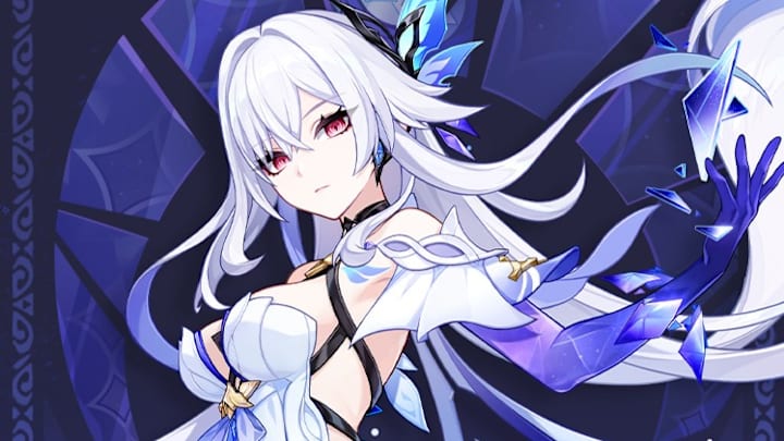 Genshin Impact artwork showing Skirk on a dark background.