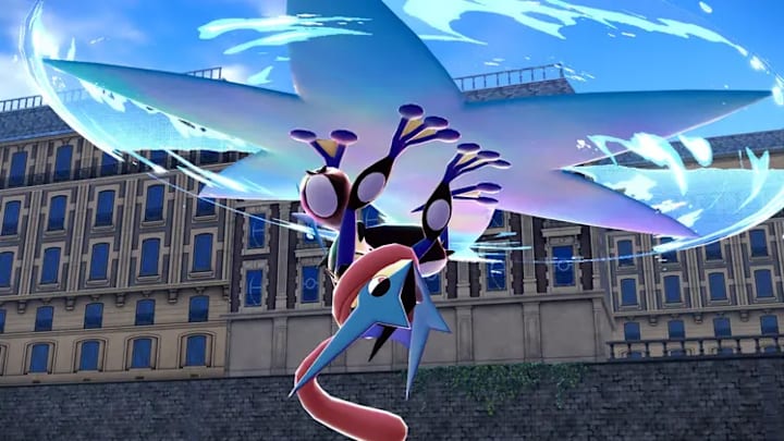 Mega Greninja. A humanoid frog Pokémon with a long tongue wrapped around its face, hanging from a big water shuriken.