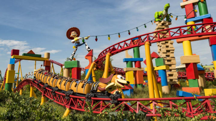 Slinky Dog coils twist and turn around the curves, hills, and drops of Slinky Dog Dash at Toy Story Land at DisneyÕs Hollywood Studios. The family-friendly coaster is inspired by the hit Pixar Animation StudiosÕ Toy Story films, and is DisneyÕs first coaster with a double-launch. Walt Disney World Resort guests get to race and dive around a track that stretches across Toy Story Land. (Matt Stroshane, photographer)