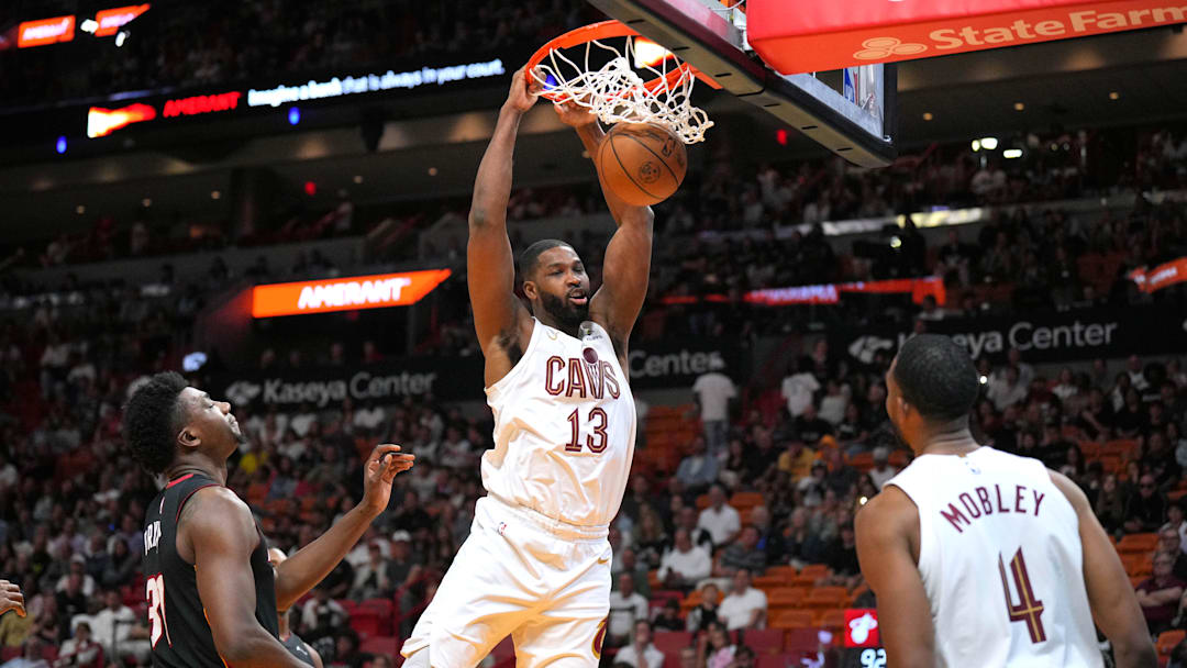 Mar 24, 2024; Miami, Florida, USA;  Cleveland Cavaliers center Tristan Thompson (13) gets a dunk against the Miami Heat during the second half at Kaseya Center.