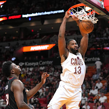 Mar 24, 2024; Miami, Florida, USA;  Cleveland Cavaliers center Tristan Thompson (13) gets a dunk against the Miami Heat during the second half at Kaseya Center.