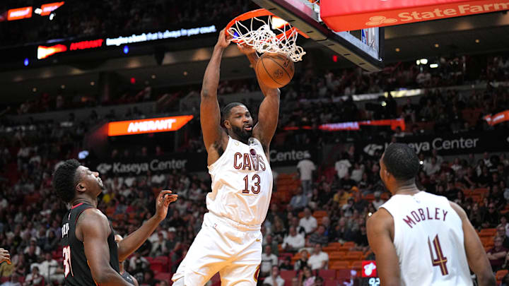 Mar 24, 2024; Miami, Florida, USA;  Cleveland Cavaliers center Tristan Thompson (13) gets a dunk against the Miami Heat during the second half at Kaseya Center.