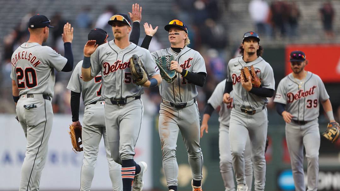 The Detroit Tigers celebrate their win over the San Francisco Giants. 