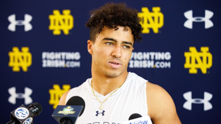 Notre Dame wide receiver Jordan Faison addresses media after a Notre Dame football practice at Irish Athletic Center on Thursday, Aug. 15, 2024, in South Bend.