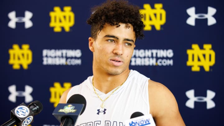 Notre Dame wide receiver Jordan Faison addresses media after a Notre Dame football practice at Irish Athletic Center on Thursday, Aug. 15, 2024, in South Bend.