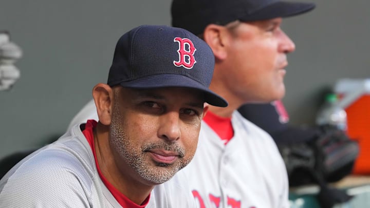 Aug 15, 2024; Baltimore, Maryland, USA; Boston Red Sox manager Alex Cora (left) and coach Andy Fox (right) prior to the game against the Baltimore Orioles at Oriole Park at Camden Yards. Mandatory Credit: Mitch Stringer-Imagn Images