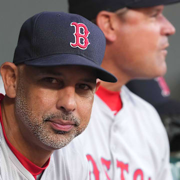 Aug 15, 2024; Baltimore, Maryland, USA; Boston Red Sox manager Alex Cora (left) and coach Andy Fox (right) prior to the game against the Baltimore Orioles at Oriole Park at Camden Yards. Mandatory Credit: Mitch Stringer-Imagn Images