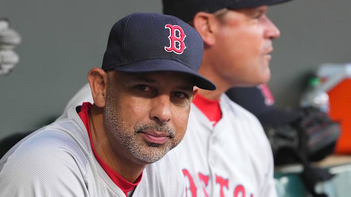 Aug 15, 2024; Baltimore, Maryland, USA; Boston Red Sox manager Alex Cora (left) and coach Andy Fox (right) prior to the game against the Baltimore Orioles at Oriole Park at Camden Yards. Mandatory Credit: Mitch Stringer-Imagn Images