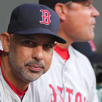 Aug 15, 2024; Baltimore, Maryland, USA; Boston Red Sox manager Alex Cora (left) and coach Andy Fox (right) prior to the game against the Baltimore Orioles at Oriole Park at Camden Yards. Mandatory Credit: Mitch Stringer-Imagn Images